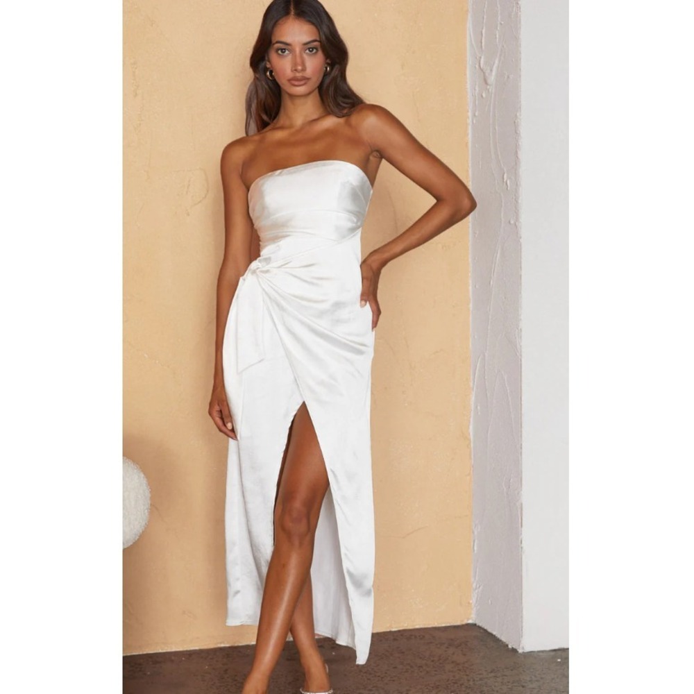 Selfie Leslie Gianna Strapless Midi Dress White Waist Tie Womens Sz XL NWT‎ Chic